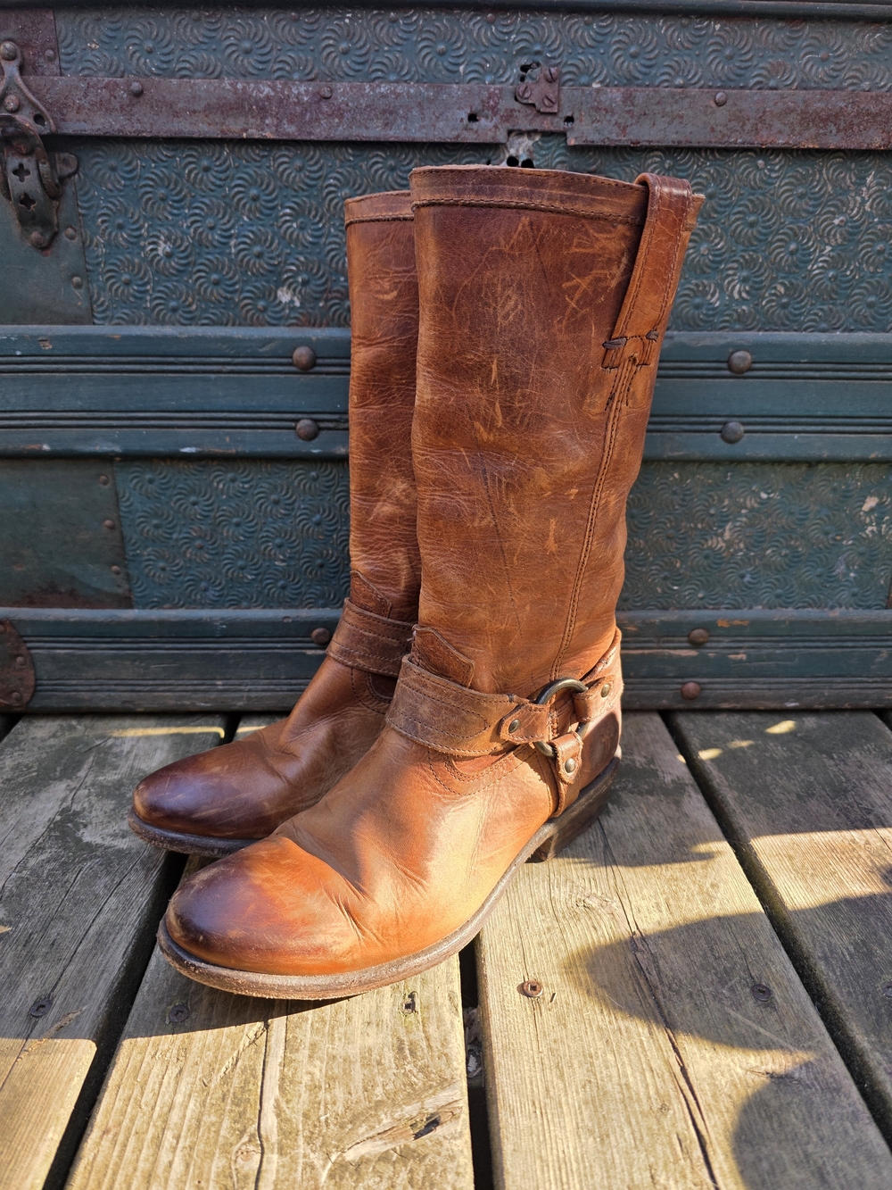 Frye Cognac Brown Leather Harness Heeled Boots
